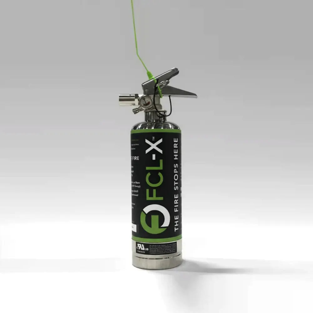 FCL-X 1L lithium battery fire extinguisher, front view with chrome cylinder and green label