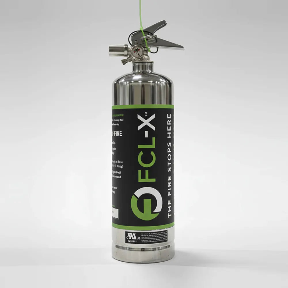 FCL-X 2L lithium battery fire extinguisher, front view with chrome cylinder and green label