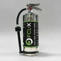 FCL-X 3L lithium battery fire extinguisher, front view with chrome cylinder, green label and hose