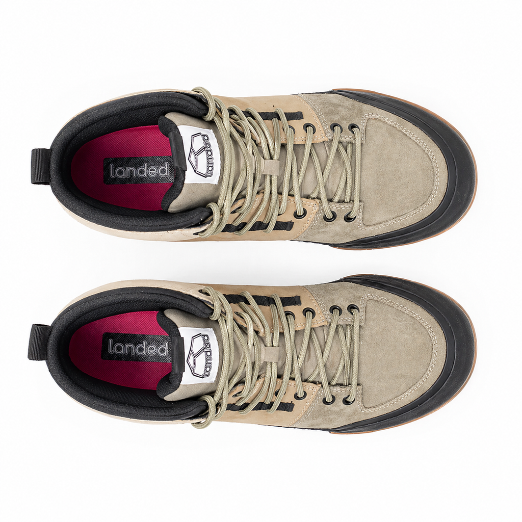 Pair of Landed Footwear Elevate shoes in Brown Desert Fade, top view