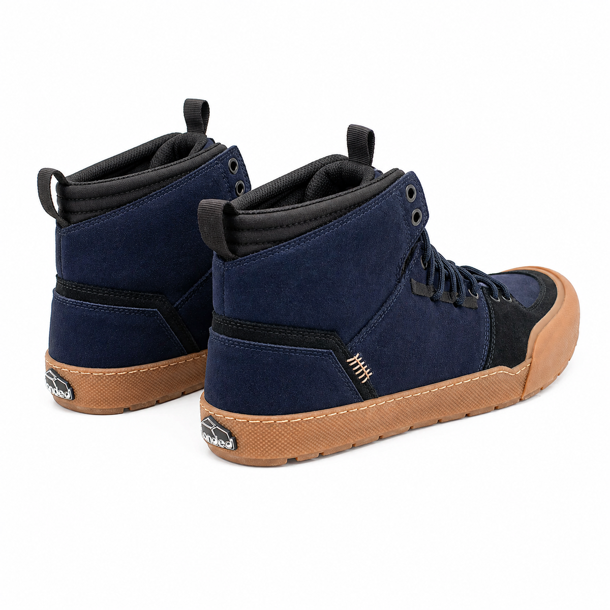 Pair of Landed Footwear Elevate shoes in Navy Black Dusk, back angle view