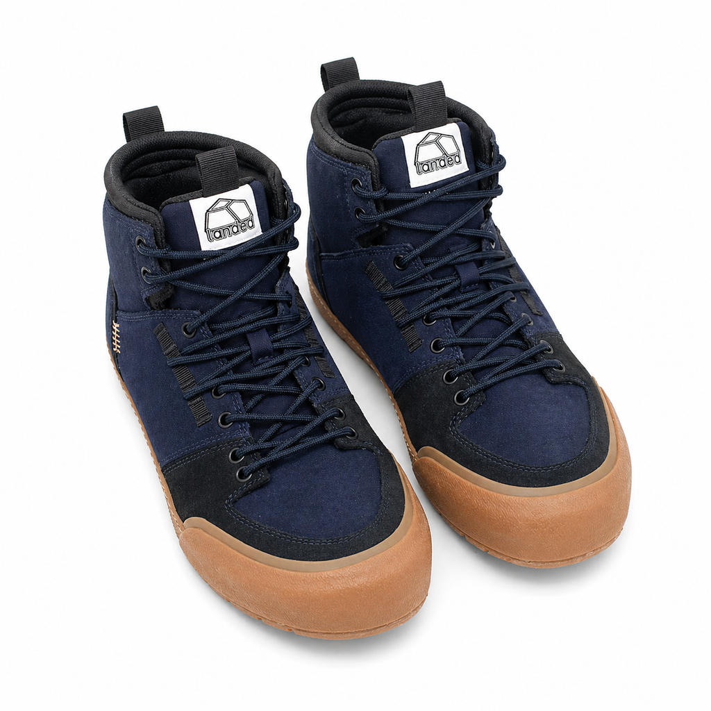 Pair of Landed Footwear Elevate shoes in Navy Black Dusk, front angle view