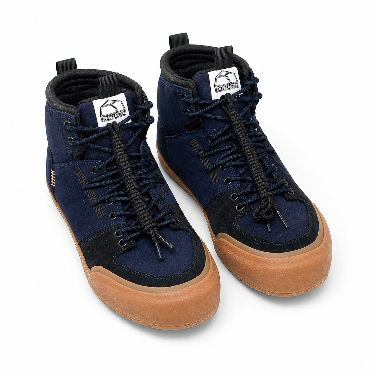 Pair of Landed Footwear Elevate shoes in Navy Black Dusk, front angle view with laces