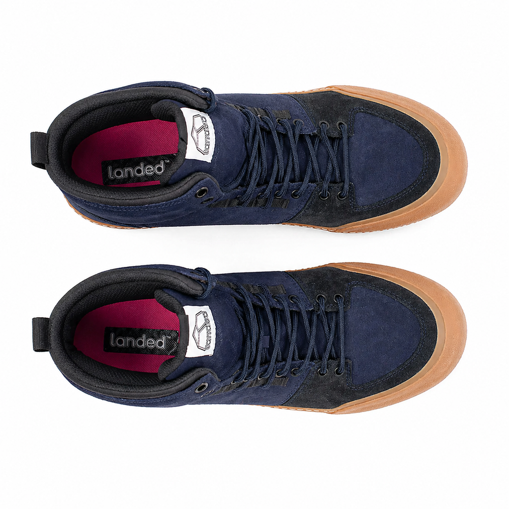 Pair of Landed Footwear Elevate shoes in Navy Black Dusk, top view